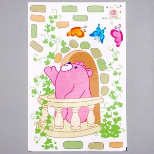 Наклейка пластик интерьерная цветная "Розовый мишка на балконе" 25х38 см