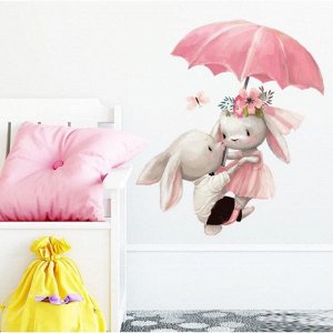 Наклейка пластик интерьерная цветная "Милые зайчата под зонтом" 30х60 см