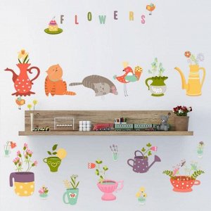Наклейка пластик интерьерная цветная "Кошки и цветы в посуде" 25х63 см набор 2 листа