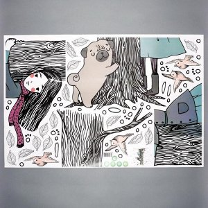 Наклейка пластик интерьерная чёрная "Девочка и мопс у дерева" 60х90 см