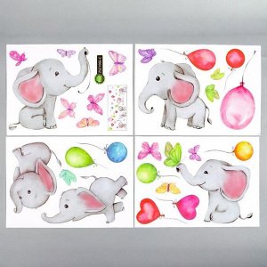 Наклейка пластик интерьерная цветная "Слонята с воздушными шариками" 25х35 см набор 4 листа   677037