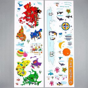 Наклейка пластик интерьерная цветная "Карта мира с животными" 30х90 см набор 2 листа