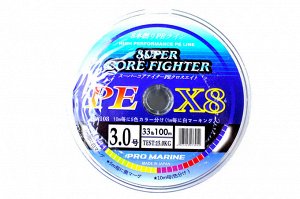 Плетеный шнур Promarine Super Core Fighter №3.0 PE X8 (100м, 33lb, 15кг, 8PE, multicolor)