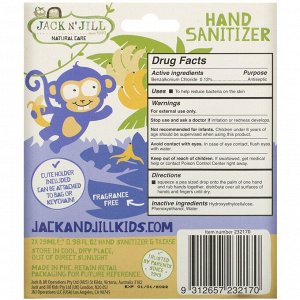 Jack n' Jill, дезинфицирующее средство для рук, без спирта, без отдушки, обезьянка, 2 упаковки по 29 мл (0,98 жидк. унции) и 1 чехол