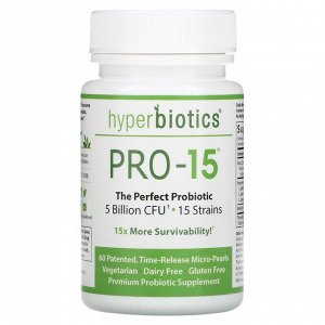 Hyperbiotics, PRO-15, The Perfect Probiotic, 5 Billion CFU, 60 Patented, Time-Release Micro-Pearls
