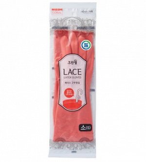 Перчатки из натурального латекса "LACE LATEX GLOVES" с внутренним покрытием (укороченные, с крючками для сушки), коралловые, размер S / 50