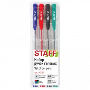 Ручки гелевые STAFF "Basic" GP-789, НАБОР 4 ЦВЕТА, хромированный наконечник, узел 0,5 мм, 142792