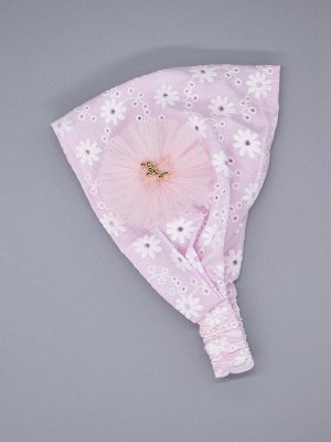 Косынка для девочки на резинке, белые цветочки, сбоку бант из фатина, пудровый мишка, светло-розовый