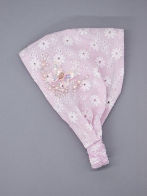Косынка трикотажная для девочки на резинке, цветочки, сбоку бусины, розовая бабочка, бледно-розовый