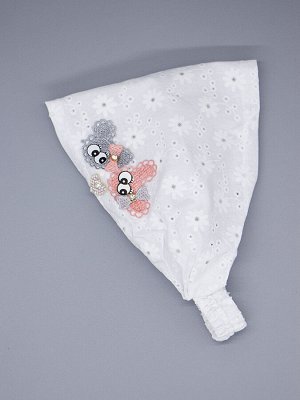 Косынка для девочки на резинке, белые цветы, сбоку две мышки с бантиками, сердечко, белый