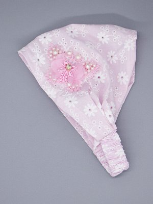 Косынка для девочки на резинке, белые цветы, сбоку ажурный розовый бантик с бусинами, светло-розовый