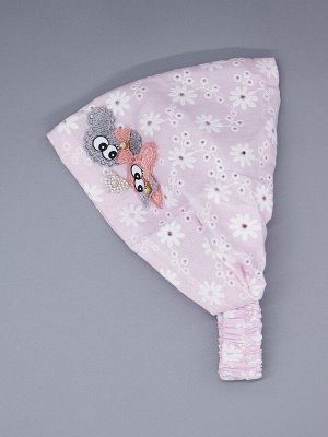 Косынка для девочки на резинке, белые цветы, сбоку две мышки с бантиками, сердечко, светло-розовый