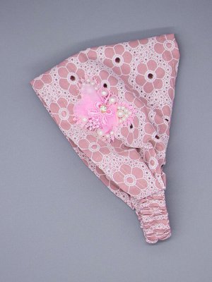 Косынка для девочки на резинке, цветочный узор, сбоку ажурный розовый бантик с бусинами, пудровый
