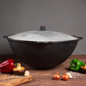 Узбекский чугунный казан + крышка (Плоское дно) / 8 л