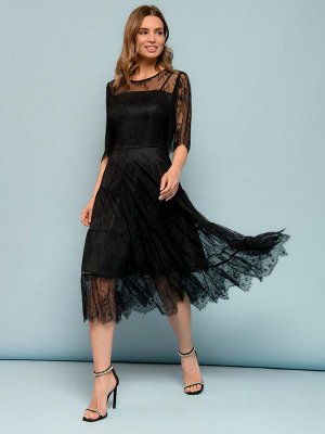 Платье черное длины миди с кружевом и объемными рукавами