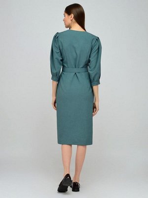 Платье зеленое длины миди с рукавами 3/4 и поясом