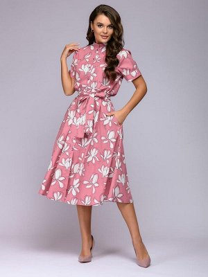 Платье розовое длины миди с цветочным принтом и короткими рукавами