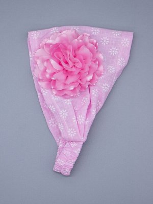 Косынка для девочки на резинке, белые цветочки, сбоку большой розовый цветок, розовый