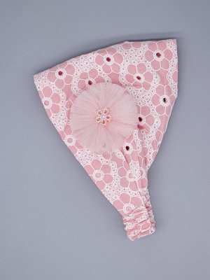 Косынка для девочки на резинке, цветочный узор, сбоку бант из фатина, розовый цветок, пудровый