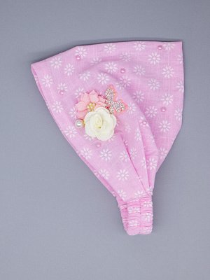 Косынка для девочки на резинке, белые цветы, бусинки, сбоку розовый и желтый цветок, бант, розовый