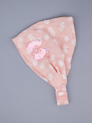 Косынка для девочки на резинке, горошки, бусинки, сбоку розовый бантик, персиковый