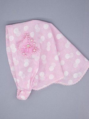 Косынка для девочки на резинке, горошки, сбоку розовая бабочка с бусинами, светло-розовый