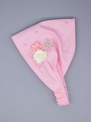 Косынка для девочки на резинке, бусинки, сбоку розовый и кремовый цветок, бантик, светло-розовый