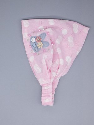 Косынка для девочки на резинке, горошки, сбоку серый зайчик и два цветка, бусинки, светло-розовый