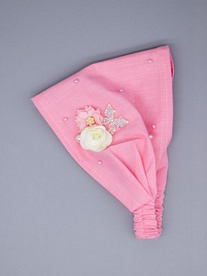 Косынка для девочки на резинке, бусинки, сбоку розовый и кремовый цветок, бантик, розовый