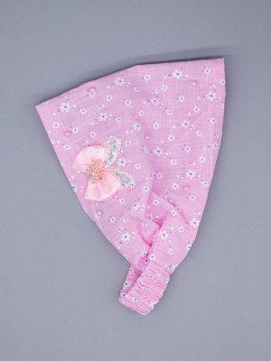 Косынка для девочки на резинке, голубые цветочки, бусинки, сбоку розовый бантик, розовый