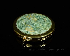 Зеркало с накладкой из апатита зеленого круглое 70*76*13мм, золотистое