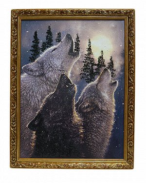 Картина из камня в деревянном багете репродукция "Волки воют на луну" 34,5*44,5см