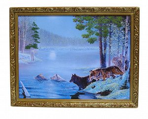 Картина из камня в деревянном багете репродукция "Волки на переправе" 45*35см