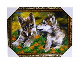 Картина из камня в деревянном багете репродукция "Два волчонка" 45*35см