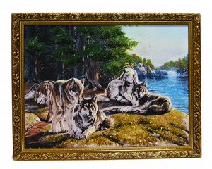 Картина из камня в деревянном багете репродукция "Стая волков у озера" 45*35см
