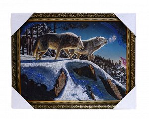 Картина из камня в деревянном багете репродукция "Три волка на скале" 45*35см