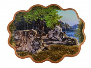 Картина с камнем, пейзаж "Стая волков у озера" горизонтальный 34*26см, 500гр
