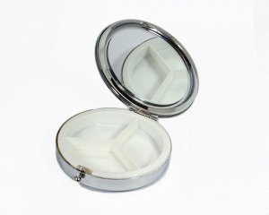 Таблетница карманная на 3 отсека с накладкой из лабрадора, круглая, серебристая