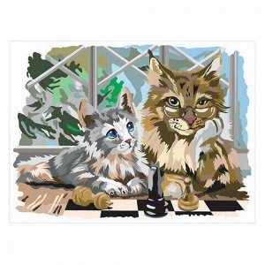 Картина по номерам А3, ОСТРОВ СОКРОВИЩ "Пушистые коты", акриловые краски, картон, 2 кисти, 663257