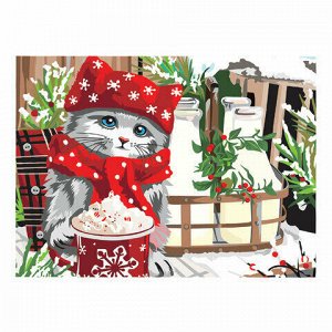 Картина по номерам А3, ОСТРОВ СОКРОВИЩ "Рождественский кот", акриловые краски, картон, 2 кисти, 663258
