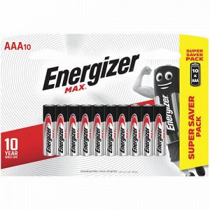 Батарейки КОМПЛЕКТ 10 шт., ENERGIZER Max, AAA (LR03, 24А), алкалиновые, мизинчиковые, блистер, E301534701