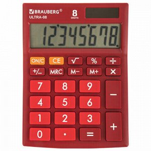 Калькулятор настольный BRAUBERG ULTRA-08-WR, КОМПАКТНЫЙ (154x115 мм), 8 разрядов, двойное питание, БОРДОВЫЙ, 250510