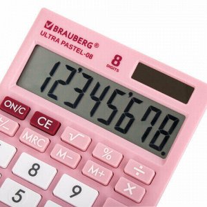 Калькулятор настольный BRAUBERG ULTRA PASTEL-08-PK, КОМПАКТНЫЙ (154x115 мм), 8 разрядов, двойное питание, РОЗОВЫЙ, 250514