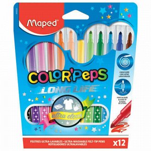 Фломастеры MAPED (Франция) "Color'Peps Long Life", 12 цветов, смываемые, трехгранные, картонная упаковка, 845020