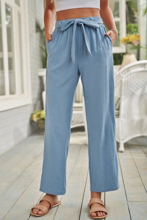 Голубые широкие повседневные штаны с резинкой на талии и завязками