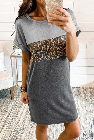 Серое платье-футболка с леопардовым принтом