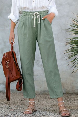 Зеленые прямые джинсовые брюки-капри на шнуровке