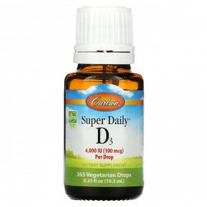 Carlson Labs, Super Daily D3, 100 mcg (4,000 IU), 0.35 fl oz (10.3 ml)