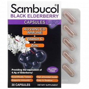 Sambucol, Black Elderberry Capsules, Advanced Immune + Vitamin C + Zinc, 30 Capsules