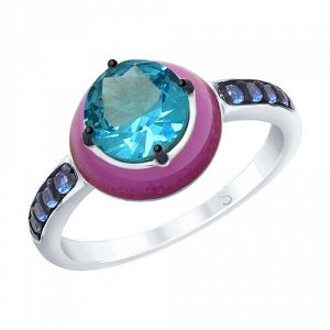 Кольцо из серебра с эмалью с синим ситаллом и синими фианитами арт 092